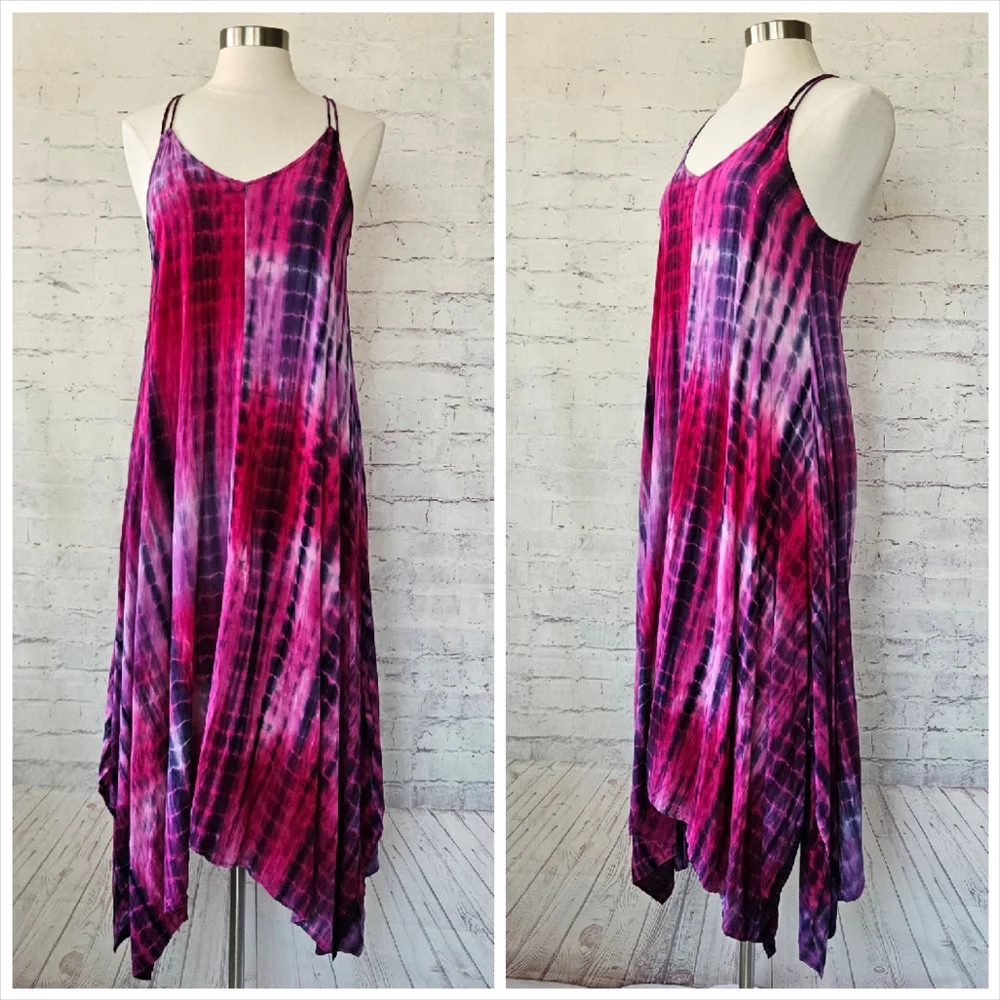 Lovestitch Pink Purple Tie-dye V-Neck Handkerchief Hem Beach Cover Dress Medium